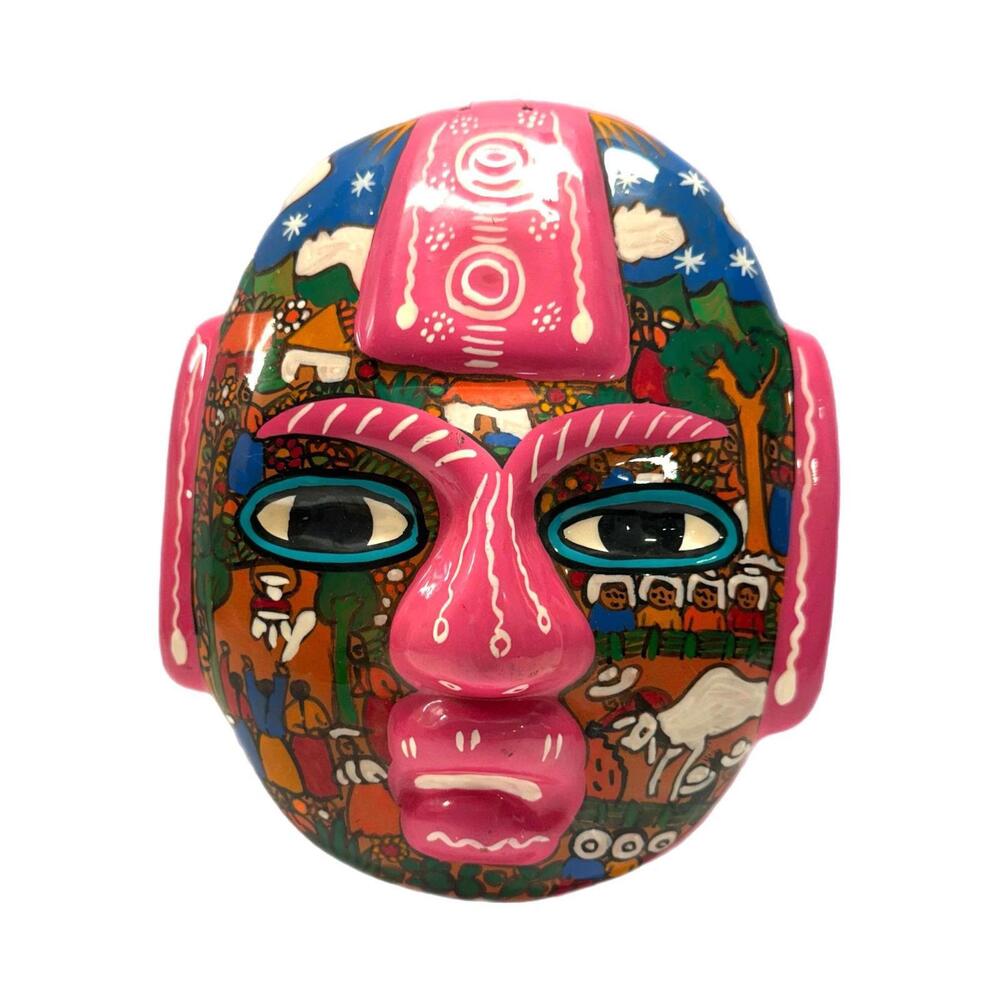 Hand Painted Pink Mexican Aztec Mayan Terracotta Mask – Made in Mexico